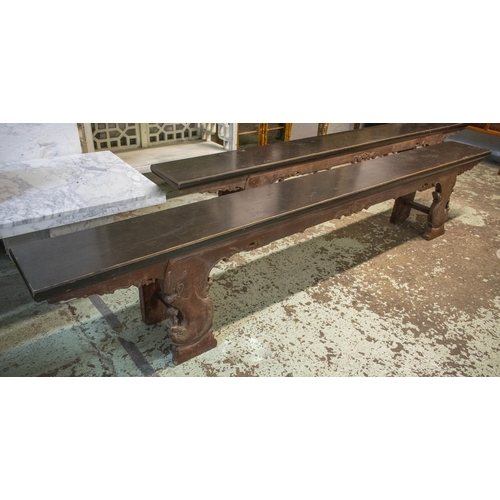 479 - CHINESE BENCHES, 54cm H x 304cm x 31cm, a pair, 19th century hardwood. (These benches had black tops... 