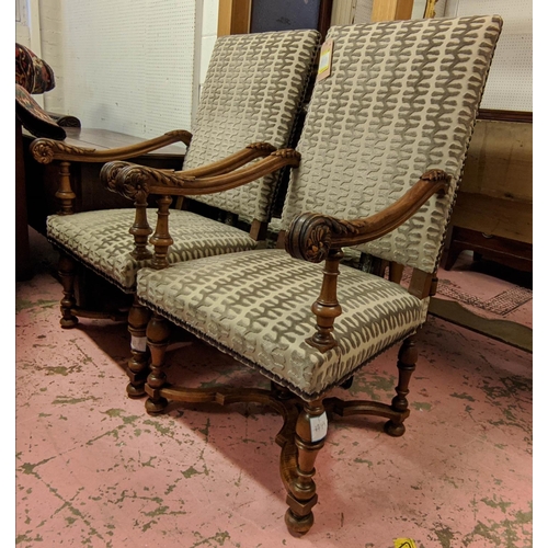 475 - FAUTEUILS, a pair, 66cm x 121cm H, late 19th century French walnut, with carved frames and patterned... 