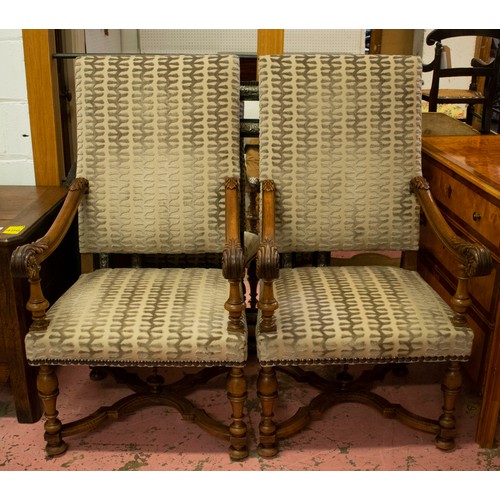 475 - FAUTEUILS, a pair, 66cm x 121cm H, late 19th century French walnut, with carved frames and patterned... 