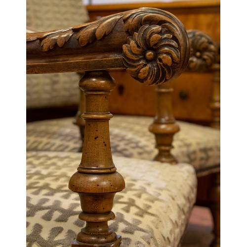 475 - FAUTEUILS, a pair, 66cm x 121cm H, late 19th century French walnut, with carved frames and patterned... 