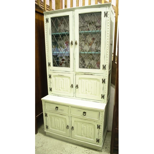 474 - DRESSER, 194cm H x 95cm x 50cm, Jacobean style, green painted, with a pair of leaded glazed doors ab... 