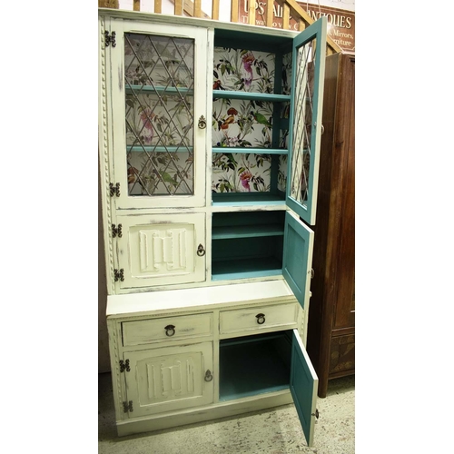 474 - DRESSER, 194cm H x 95cm x 50cm, Jacobean style, green painted, with a pair of leaded glazed doors ab... 