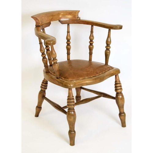 470 - SMOKERS BOW ARMCHAIR, 79cm H x 63cm, Victorian beech wood and elm, with tan leather padded seat.