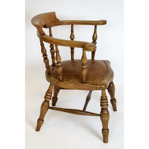 470 - SMOKERS BOW ARMCHAIR, 79cm H x 63cm, Victorian beech wood and elm, with tan leather padded seat.