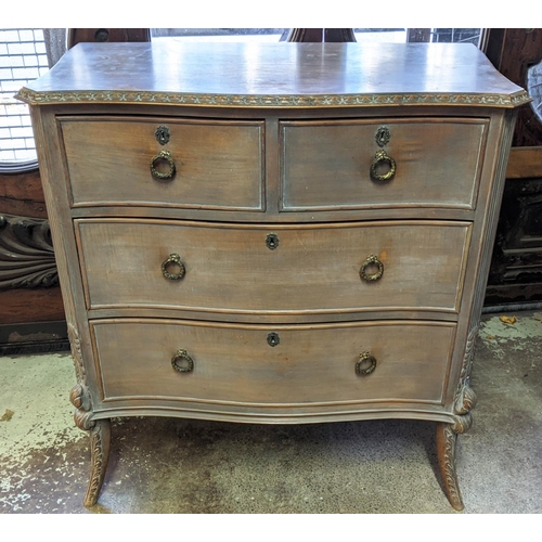 465 - SERPENTINE CHEST, 92cm x 46cm x 101cm H, circa 1900, limed walnut with carved detail and four drawer... 