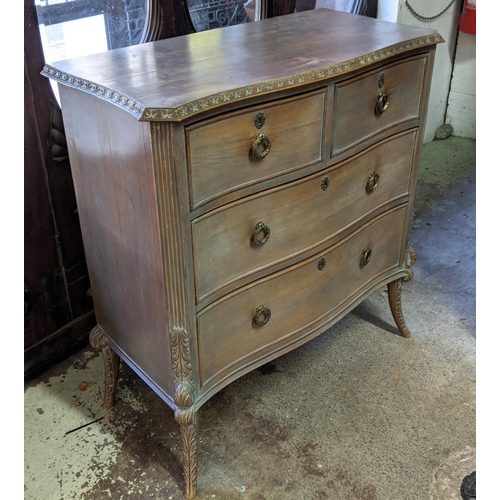 465 - SERPENTINE CHEST, 92cm x 46cm x 101cm H, circa 1900, limed walnut with carved detail and four drawer... 