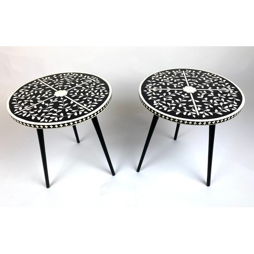 65 - SIDE TABLES, a pair, 46cm H x 41cm x 41cm, Moorish design inlaid tops on tripod metal legs. (2)