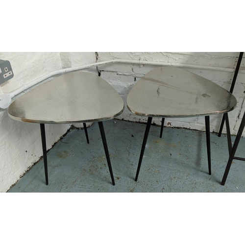 130 - SIDE TABLES, a pair, 45cm x 47cm x 47cm, 1950's Italian style, polished metal tops. (2)