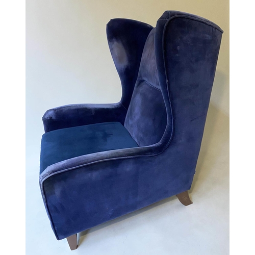 451 - WINGBACK ARMCHAIR, 1960's Danish style deep blue velvet upholstered, 85cm W.