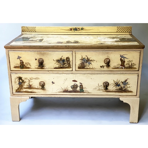 454 - CHINOISERIE CHEST, 1930's cream lacquer and decorated, with two short and one long drawer, 107cm x 7... 