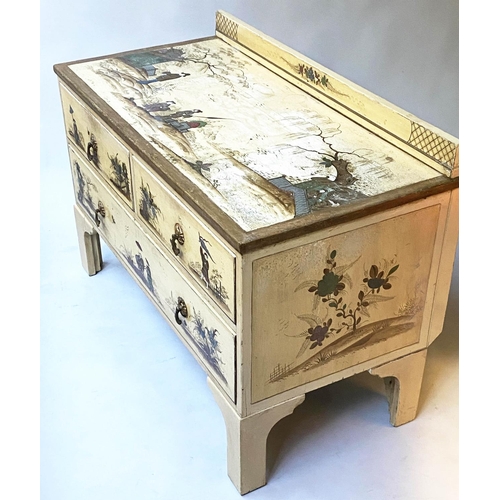 454 - CHINOISERIE CHEST, 1930's cream lacquer and decorated, with two short and one long drawer, 107cm x 7... 