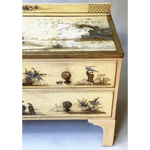 454 - CHINOISERIE CHEST, 1930's cream lacquer and decorated, with two short and one long drawer, 107cm x 7... 