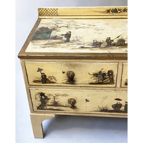 454 - CHINOISERIE CHEST, 1930's cream lacquer and decorated, with two short and one long drawer, 107cm x 7... 