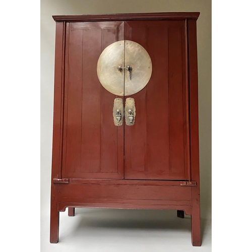 457 - MARRIAGE CABINET, 19th century Chinese scarlet lacquered and silvered mounts enclosing hanging space... 