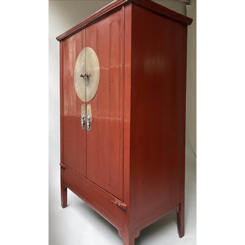 457 - MARRIAGE CABINET, 19th century Chinese scarlet lacquered and silvered mounts enclosing hanging space... 