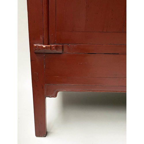 457 - MARRIAGE CABINET, 19th century Chinese scarlet lacquered and silvered mounts enclosing hanging space... 