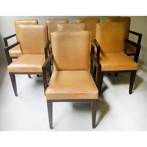 447 - DINING ARMCHAIRS, a set of eight, piped light tan leather with square section tapering supports, 53c... 