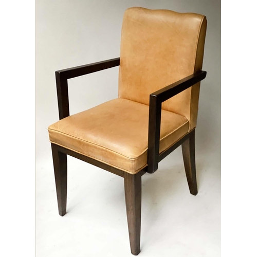 447 - DINING ARMCHAIRS, a set of eight, piped light tan leather with square section tapering supports, 53c... 