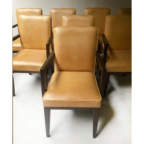 447 - DINING ARMCHAIRS, a set of eight, piped light tan leather with square section tapering supports, 53c... 