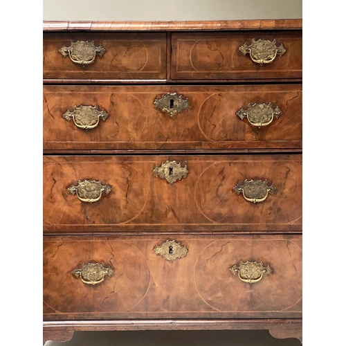 448 - CHEST, early 18th century English Queen Anne walnut, boxwood and ebony lined with two short and thre... 