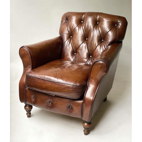 449 - CLUB ARMCHAIR, vintage buttoned brown leather with turned front supports, 76cm W.