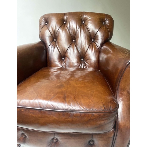 449 - CLUB ARMCHAIR, vintage buttoned brown leather with turned front supports, 76cm W.