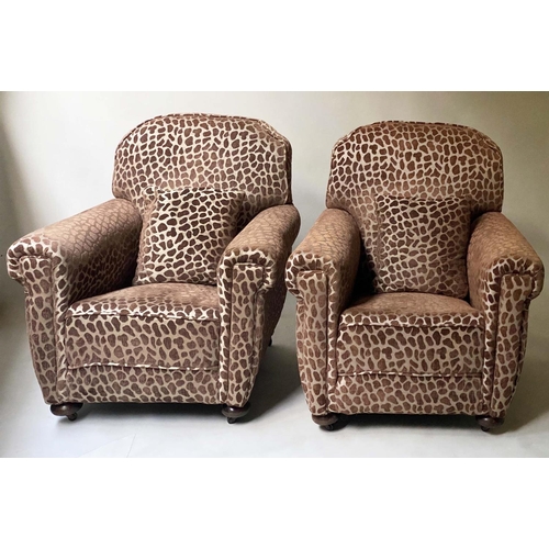 450 - ARMCHAIRS, a pair, Art Deco mushroom brown violet cut velvet with canted back and arms, 87cm W. (2)