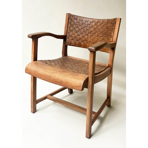 441 - BRIDGE ARMCHAIR, 1960's solid walnut framed and cane panelled with a 1960's cane and metal low table... 