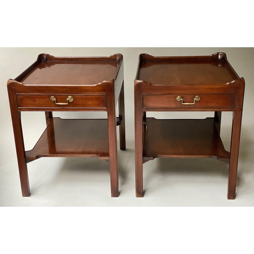 442 - LAMP TABLES, a pair, George III design figured mahogany each with drawer and undertier, 51cm x 61cm ... 