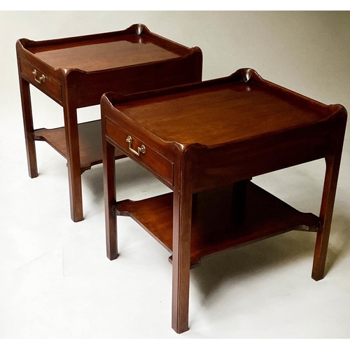 442 - LAMP TABLES, a pair, George III design figured mahogany each with drawer and undertier, 51cm x 61cm ... 