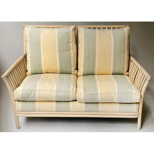 444 - CANE SOFA BY ANGRAVES, rattan and cane bound, 143cm W.