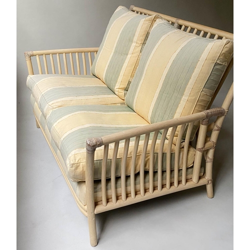 444 - CANE SOFA BY ANGRAVES, rattan and cane bound, 143cm W.