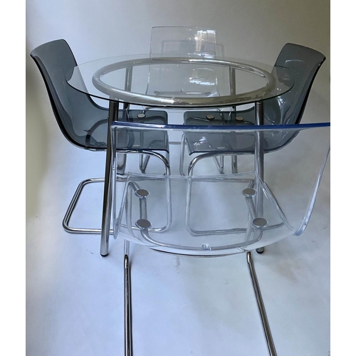 82 - KITCHEN TABLE AND CHAIRS, 95cm diam. x 72cm H, glazed top on chromium base, with four cantilever cha... 