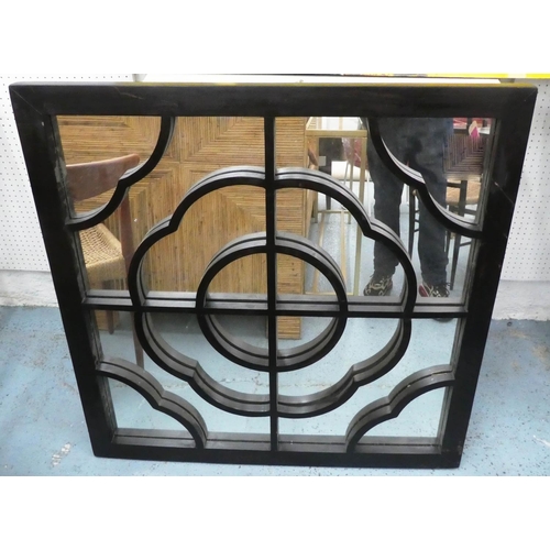 148 - ARCHITECTURAL WALL MIRROR, ebonised frame, 100.5cm x 100cm.