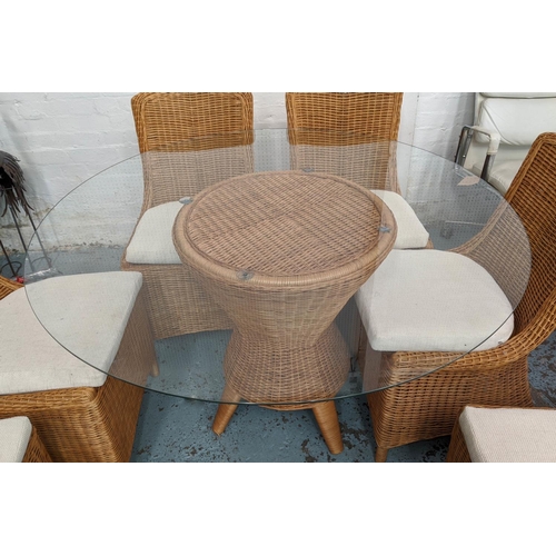 144 - CONSERVATORY DINING SET, including six chairs, 92cm H and table 130cm diam x 75cm rattan and glass.