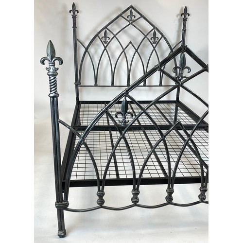 135 - DOUBLE BED FRAME, Gothic style with fleur-de-lis finals, 196cm L x 148cm H x 141cm W.