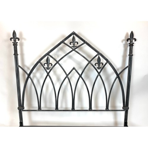 135 - DOUBLE BED FRAME, Gothic style with fleur-de-lis finals, 196cm L x 148cm H x 141cm W.