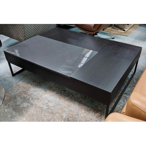 1 - LOW TABLE, 114cm x 80cm x 33cm, Contemporary design with three rise up lids containing three compart... 