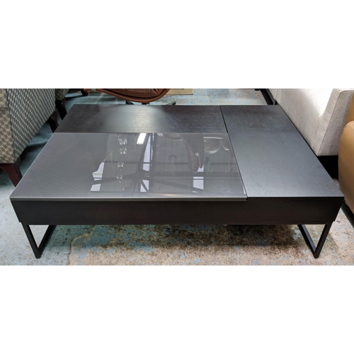 1 - LOW TABLE, 114cm x 80cm x 33cm, Contemporary design with three rise up lids containing three compart... 