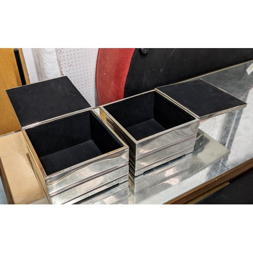 111 - TRINKET BOXES, a pair, each 21cm W x 21cm D x 19cm H, with rising lid and buckle detail. (2)