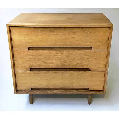 14 - CHEST, 76cm W x 46cm D x 76cm H, mid 20th century oak, with three long drawers and turned tapering s... 