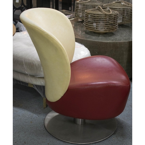 24 - SWIVEL CHAIRS, a pair, 87cm H x 73cm W, mid 20th century, red and cream Rexine, on aluminium bases. ... 