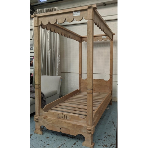 69 - FOUR POSTER SINGLE BED FRAME, 105cm W, carved wood.