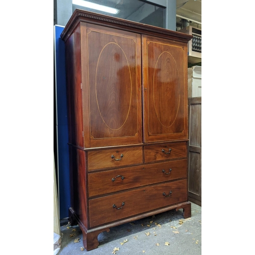 491 - LINEN PRESS, 133cm x 208cm H x 66cm, George III mahogany and line inlaid with sliding trays to the t... 