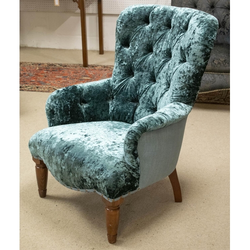 495 - ARMCHAIR, 86cm H x 63cm, crushed velvet with blue fabric outsides.