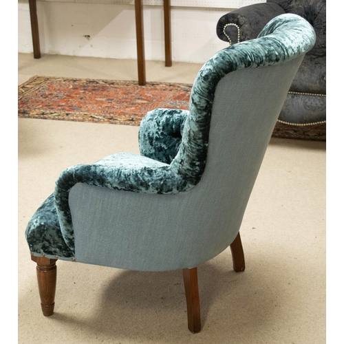 495 - ARMCHAIR, 86cm H x 63cm, crushed velvet with blue fabric outsides.