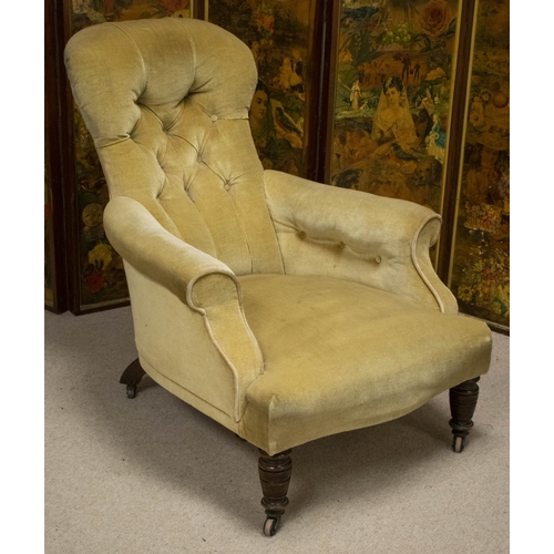 505 - ARMCHAIR, 90cm W Victorian walnut, circa 1875, in yellow plush.