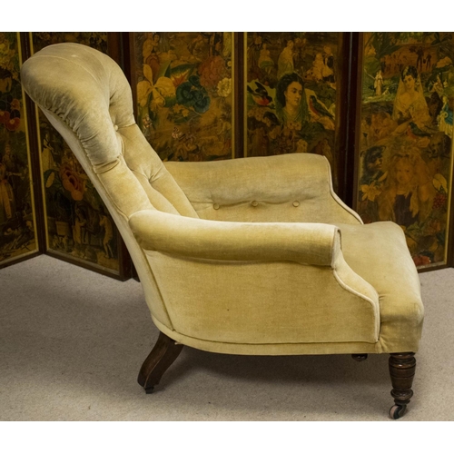 505 - ARMCHAIR, 90cm W Victorian walnut, circa 1875, in yellow plush.