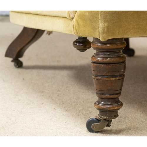 505 - ARMCHAIR, 90cm W Victorian walnut, circa 1875, in yellow plush.