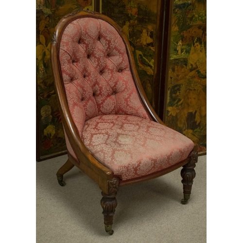 507 - NURSING CHAIR, William IV mahogany in red damask with brass castors, leg stamped 8475